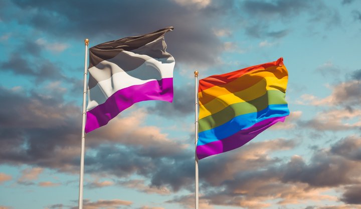 Asexuellen Fahne in schwarz, grau und lila und Regenbogenfahne